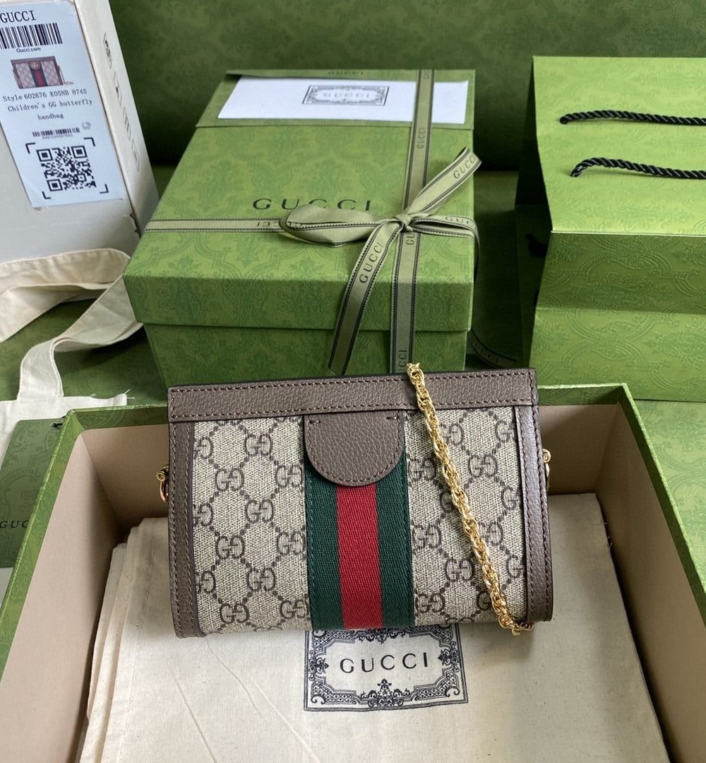 1:1 Replica Gucci Ophidia Mini Shoulder Bag Beige/Ebony GG Supreme Canvas Green And Red Web Detail Brown For Women 7.5in/19cm GG 602676 K05NB 8745