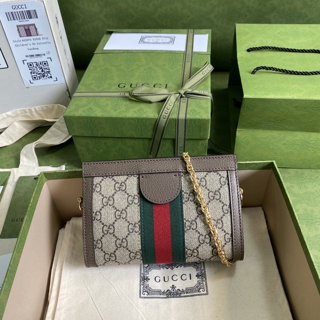 1:1 Replica Gucci Ophidia Mini Shoulder Bag Beige/Ebony GG Supreme Canvas Green And Red Web Detail Brown For Women 7.5in/19cm GG 602676 K05NB 8745 - Image 3