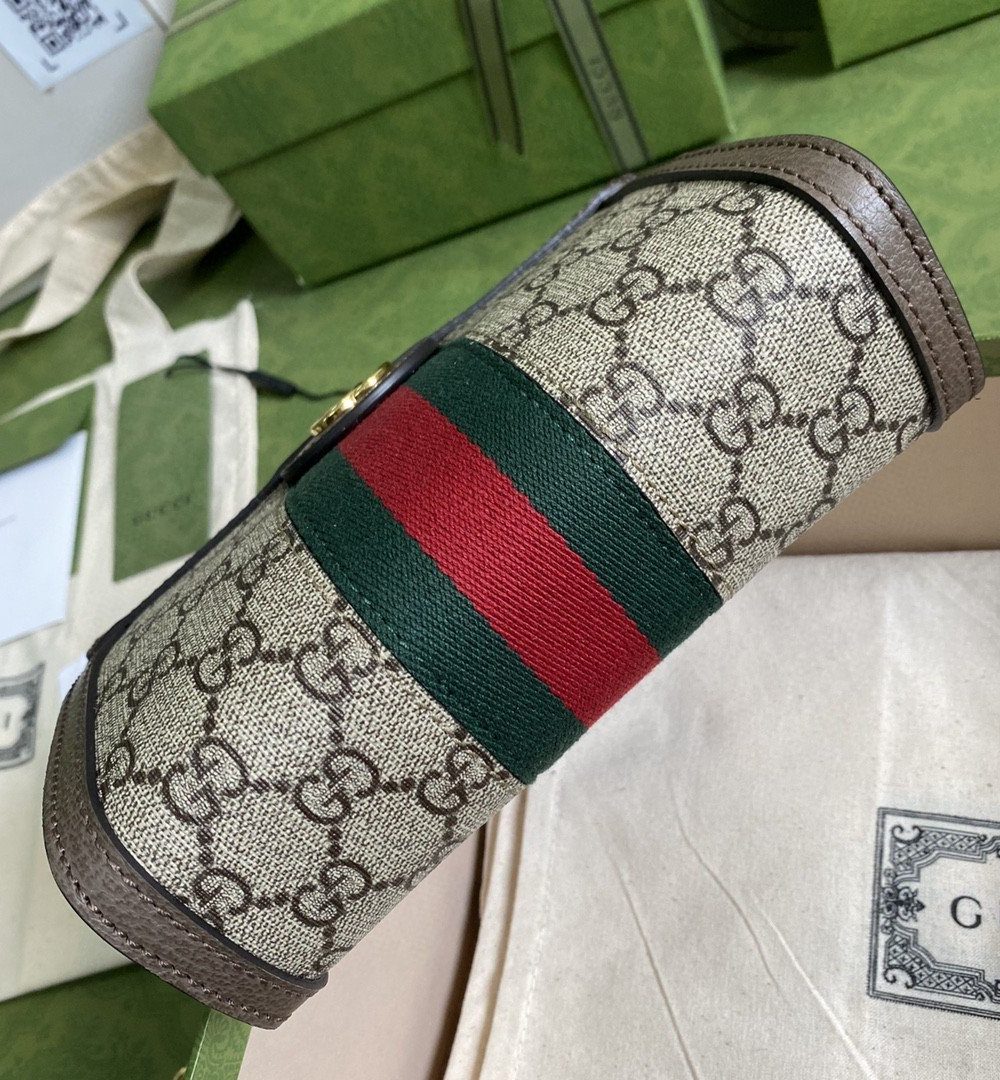 1:1 Replica Gucci Ophidia Mini Shoulder Bag Beige/Ebony GG Supreme Canvas Green And Red Web Detail Brown For Women 7.5in/19cm GG 602676 K05NB 8745