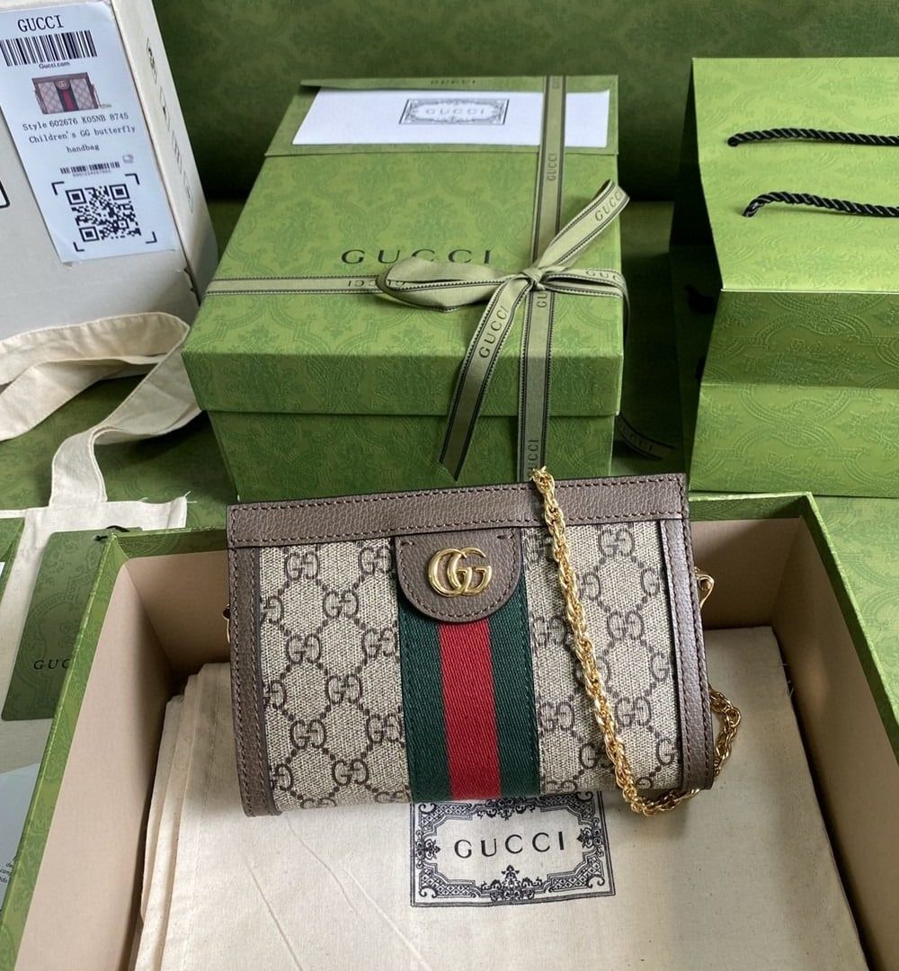 1:1 Replica Gucci Ophidia Mini Shoulder Bag Beige/Ebony GG Supreme Canvas Green And Red Web Detail Brown For Women 7.5in/19cm GG 602676 K05NB 8745