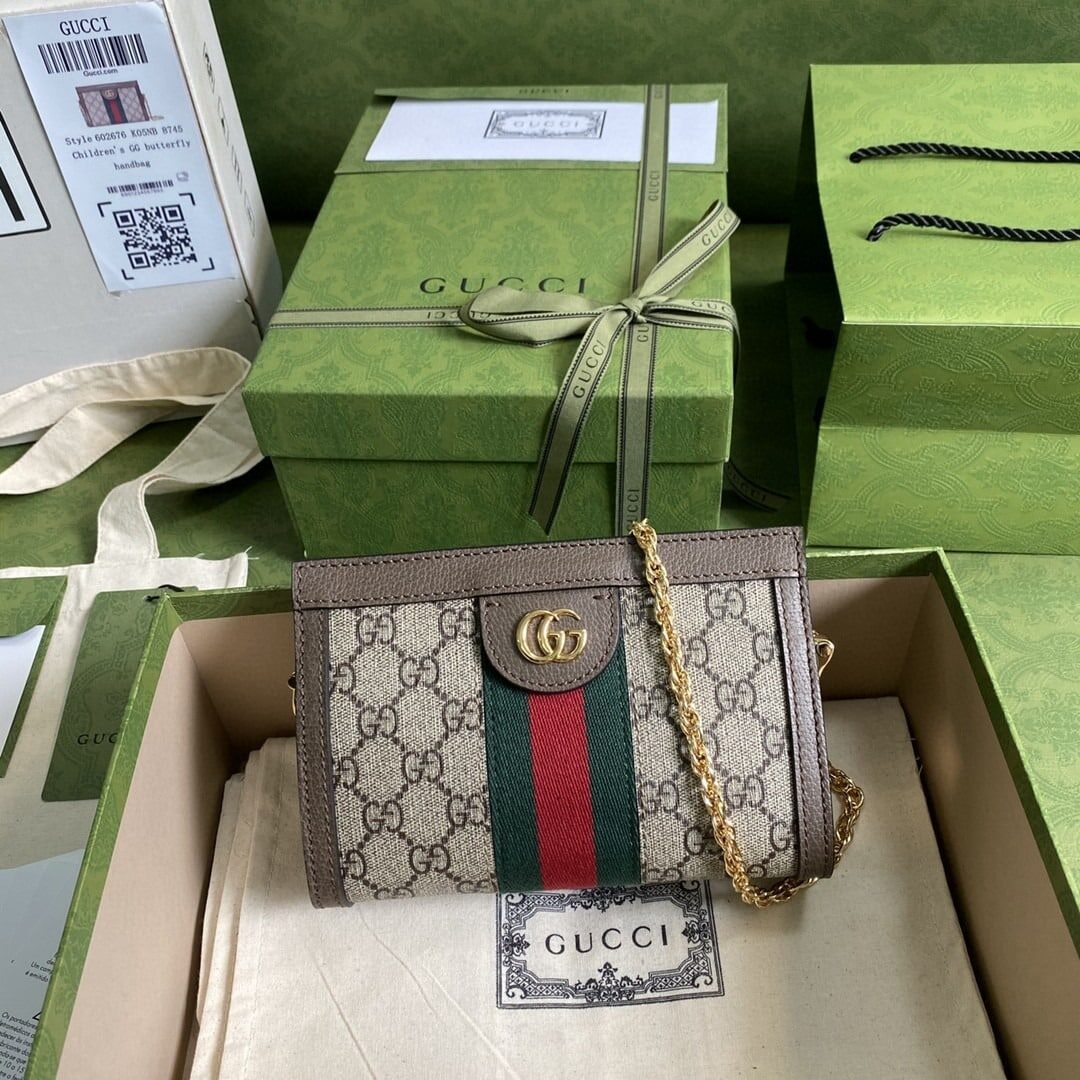 1:1 Replica Gucci Ophidia Mini Shoulder Bag Beige/Ebony GG Supreme Canvas Green And Red Web Detail Brown For Women 7.5in/19cm GG 602676 K05NB 8745