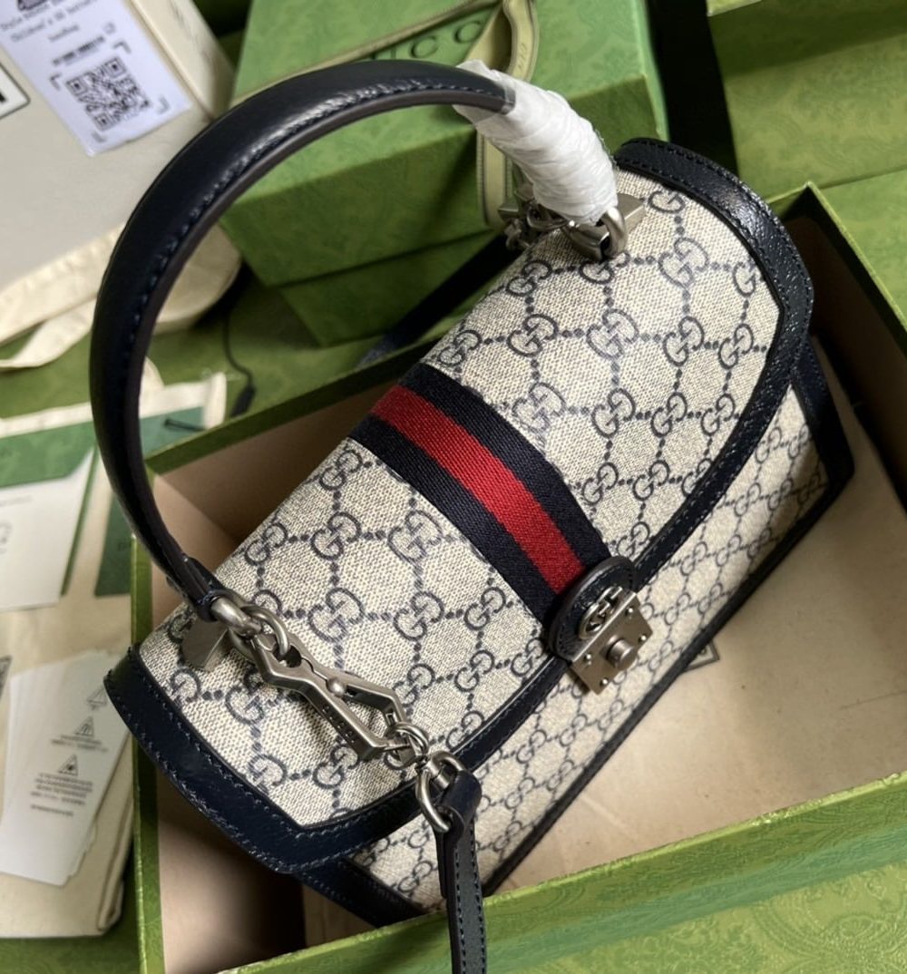 1:1 Replica Gucci Ophidia Small Top Handle Bag Beige And Blue GG Supreme Canvas  For Women 10in/25cm 651055 96IWN 4076