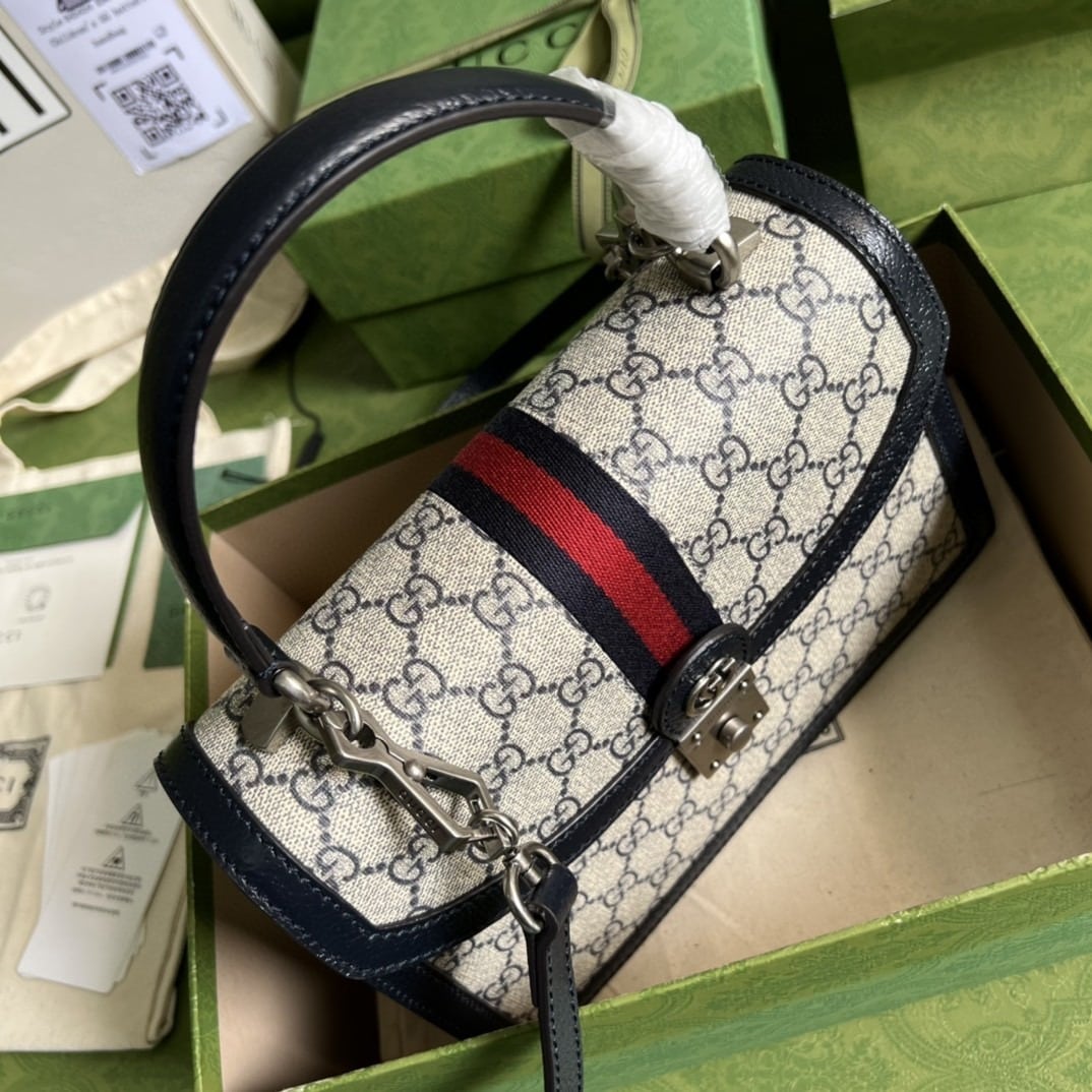 1:1 Replica Gucci Ophidia Small Top Handle Bag Beige And Blue GG Supreme Canvas For Women 10in/25cm 651055 96IWN 4076 - Image 3