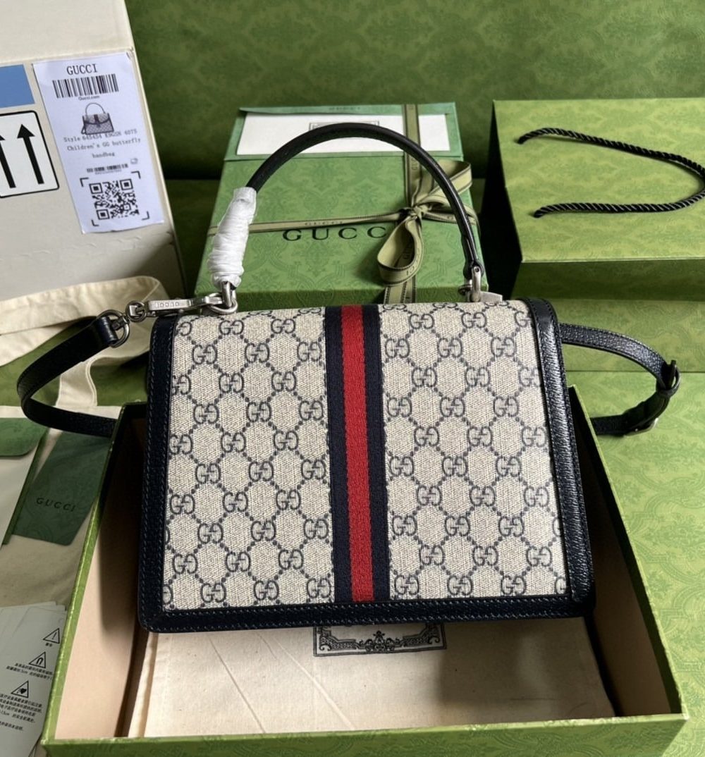 1:1 Replica Gucci Ophidia Small Top Handle Bag Beige And Blue GG Supreme Canvas  For Women 10in/25cm 651055 96IWN 4076