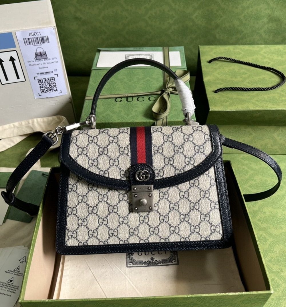 1:1 Replica Gucci Ophidia Small Top Handle Bag Beige And Blue GG Supreme Canvas For Women 10in/25cm 651055 96IWN 4076