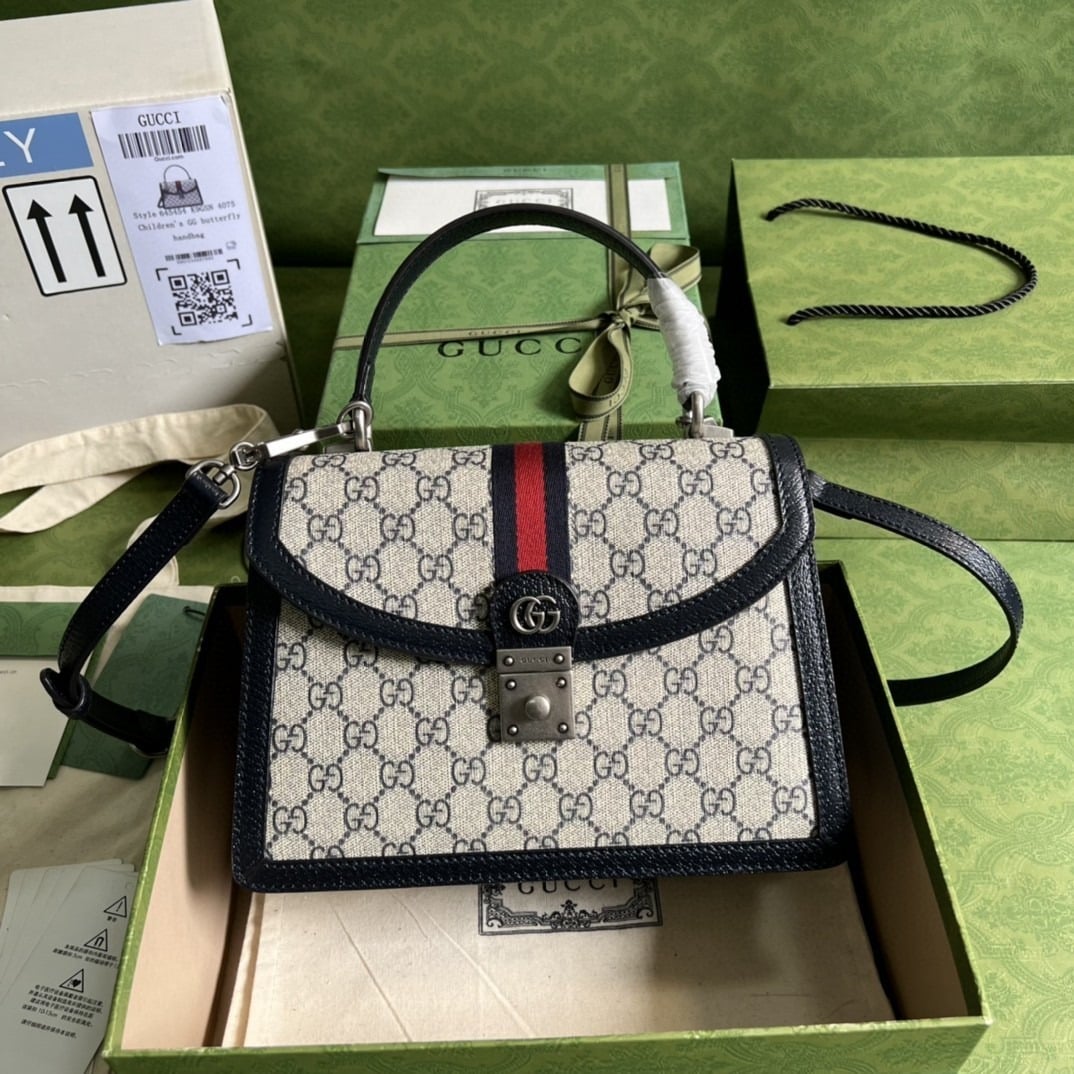 1:1 Replica Gucci Ophidia Small Top Handle Bag Beige And Blue GG Supreme Canvas For Women 10in/25cm 651055 96IWN 4076