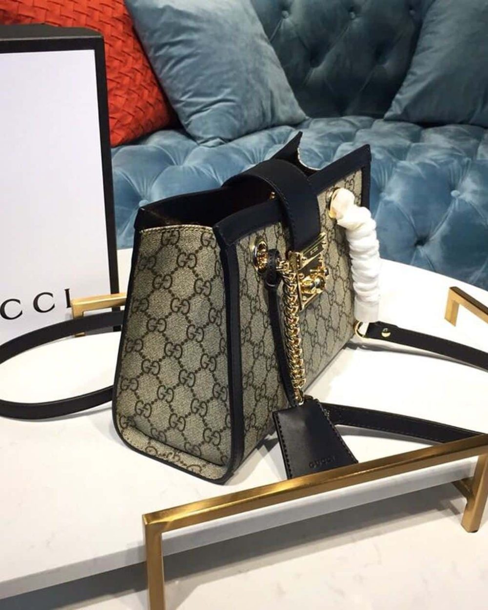 1:1 Replica Gucci Padlock Small GG Shoulder Bag Beige/Ebony GG Supreme Canvas With Black For Women 10in/26cm GG 498156 KHNKG 9769