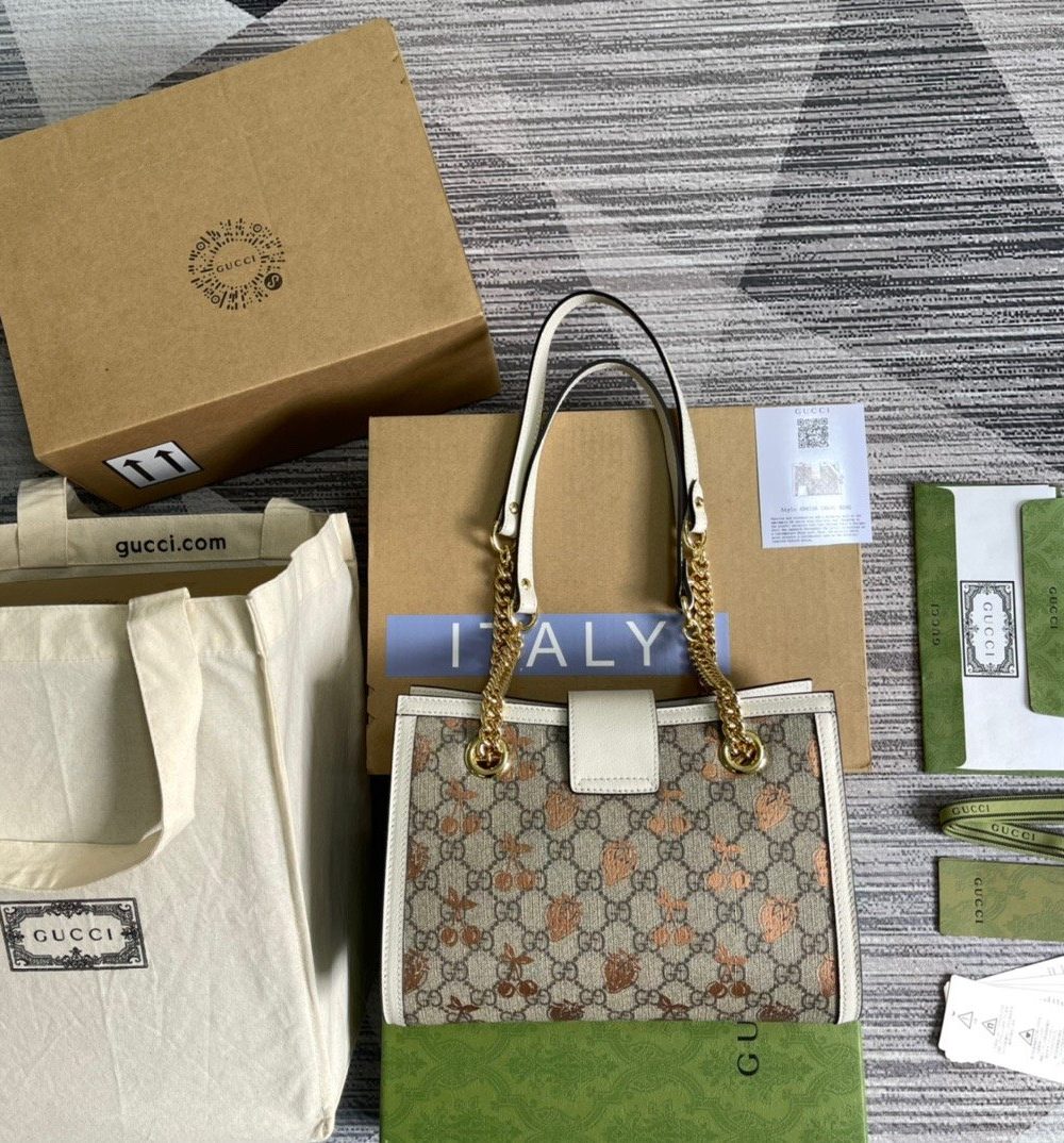 1:1 Replica Gucci Padlock Small Gucci Strawberry Shoulder Bag Beige For Women, Women's Bags 10in/26cm GG