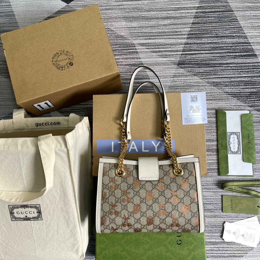 1:1 Replica Gucci Padlock Small Gucci Strawberry Shoulder Bag Beige For Women, Women's Bags 10in/26cm GG - Image 14