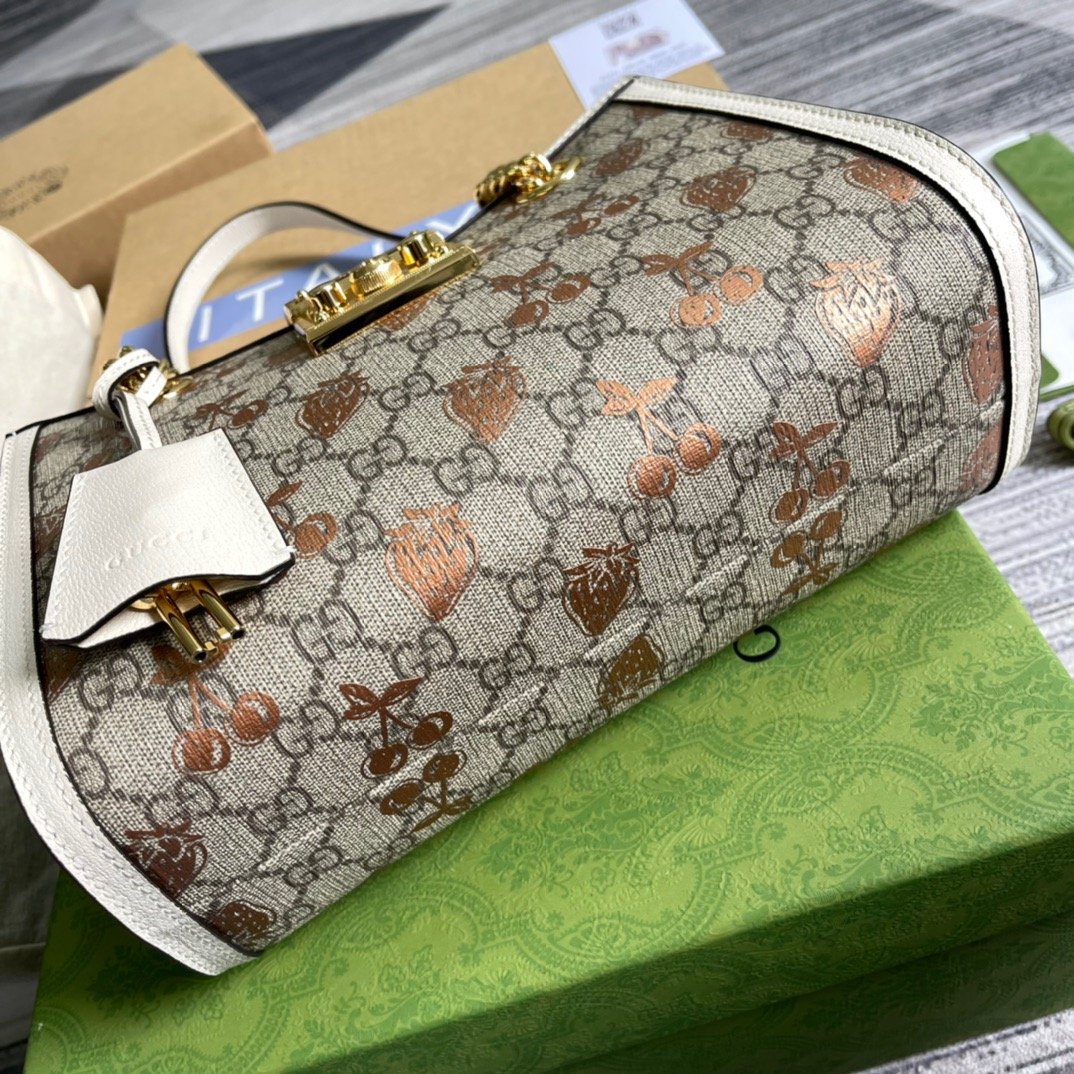 1:1 Replica Gucci Padlock Small Gucci Strawberry Shoulder Bag Beige For Women, Women's Bags 10in/26cm GG - Image 10