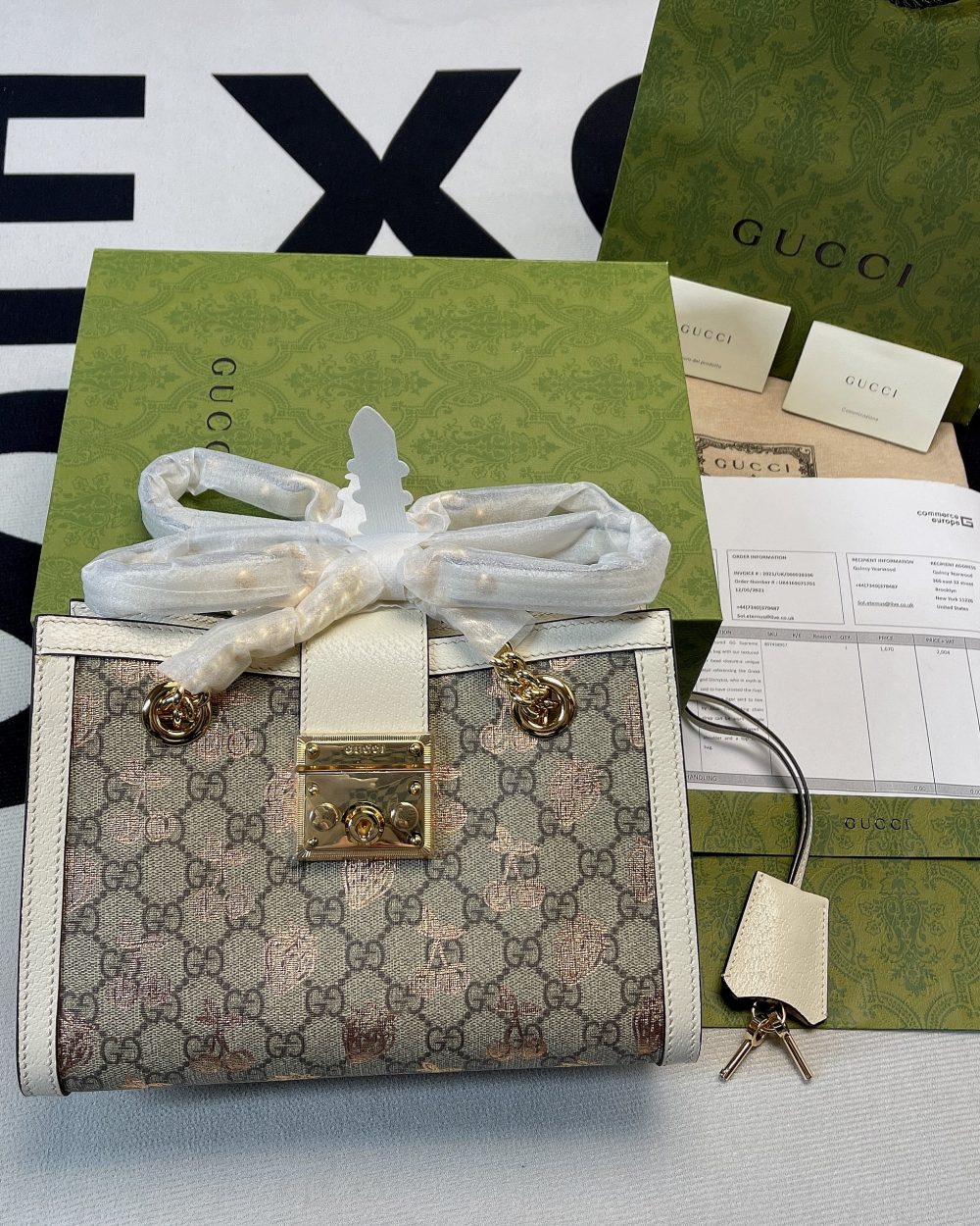 1:1 Replica Gucci Padlock Small Gucci Strawberry Shoulder Bag Beige For Women, Women's Bags 10in/26cm GG