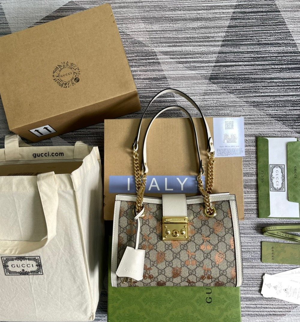 1:1 Replica Gucci Padlock Small Gucci Strawberry Shoulder Bag Beige For Women, Women's Bags 10in/26cm GG
