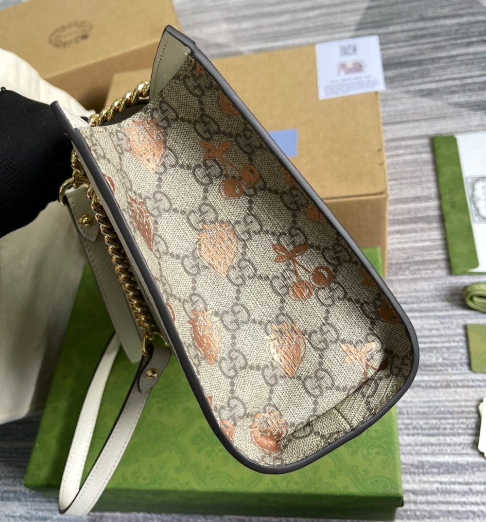 1:1 Replica Gucci Padlock Small Gucci Strawberry Shoulder Bag Beige For Women, Women's Bags 10in/26cm GG