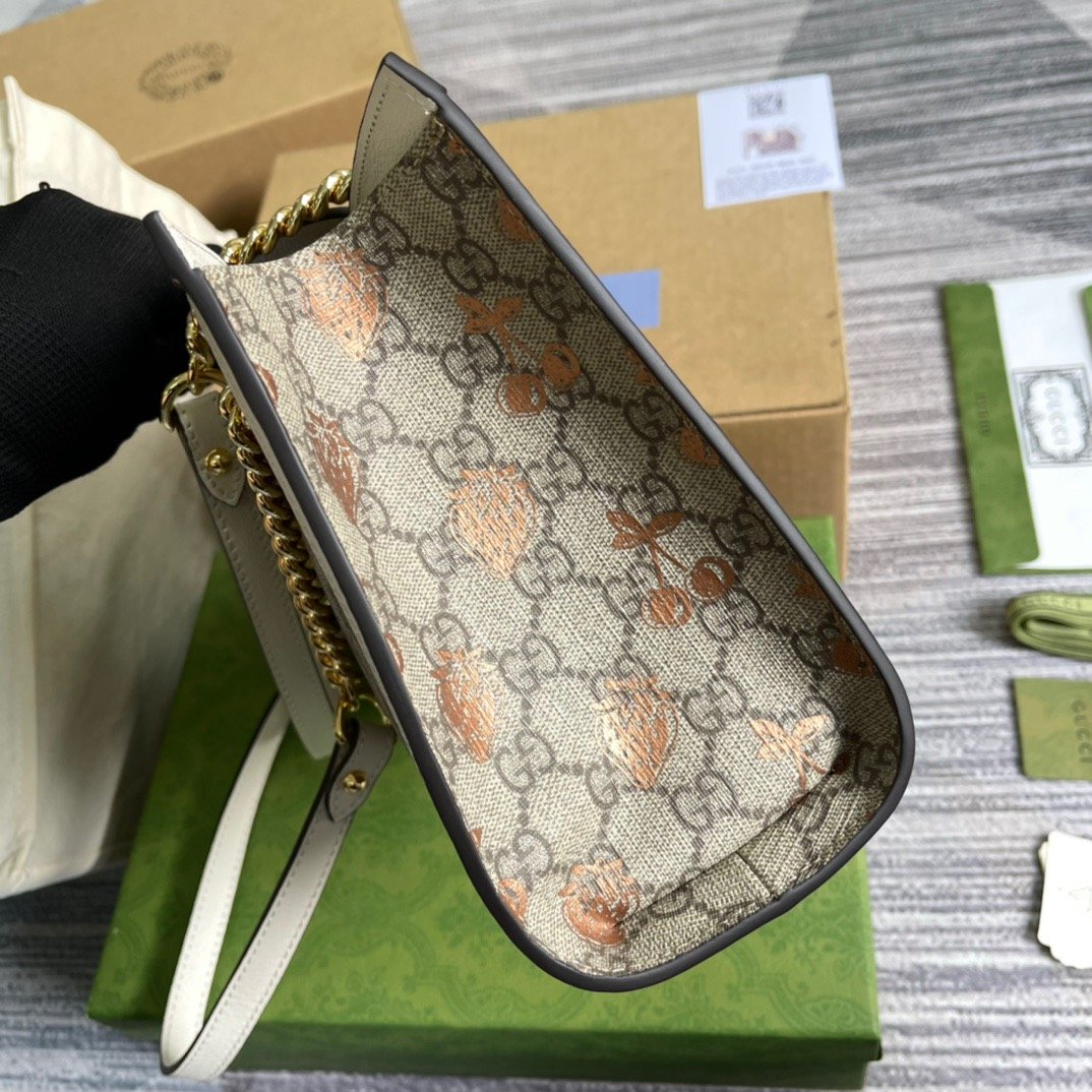1:1 Replica Gucci Padlock Small Gucci Strawberry Shoulder Bag Beige For Women, Women's Bags 10in/26cm GG - Image 5