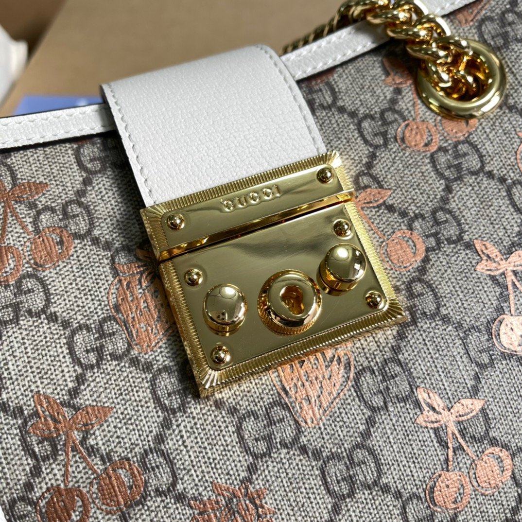 1:1 Replica Gucci Padlock Small Gucci Strawberry Shoulder Bag Beige For Women, Women's Bags 10in/26cm GG - Image 7