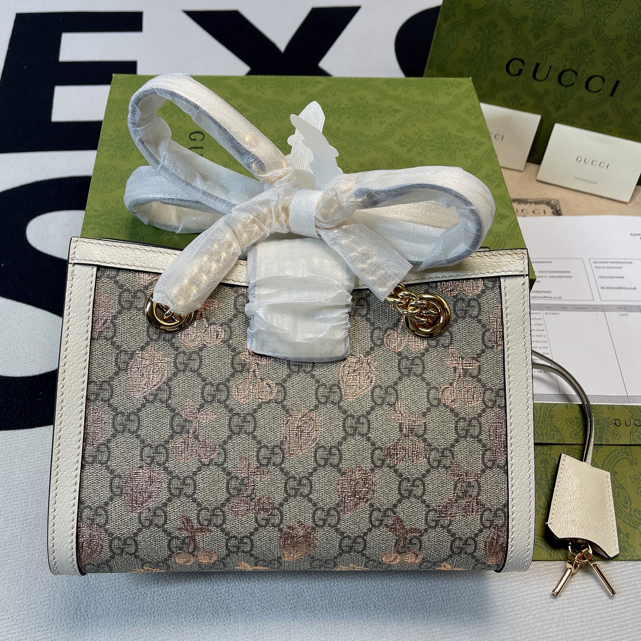 1:1 Replica Gucci Padlock Small Gucci Strawberry Shoulder Bag Beige For Women, Women's Bags 10in/26cm GG - Image 9