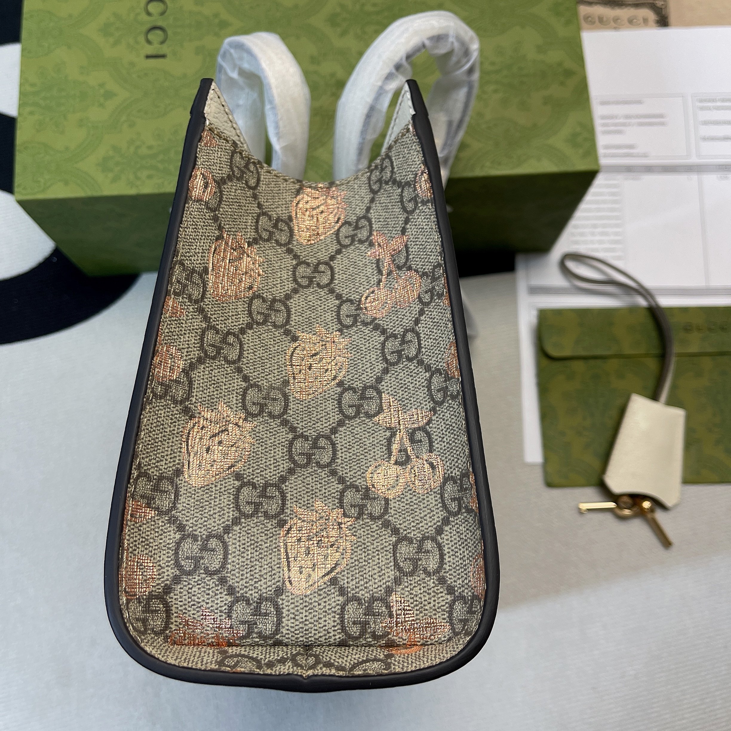 1:1 Replica Gucci Padlock Small Gucci Strawberry Shoulder Bag Beige For Women, Women's Bags 10in/26cm GG - Image 6