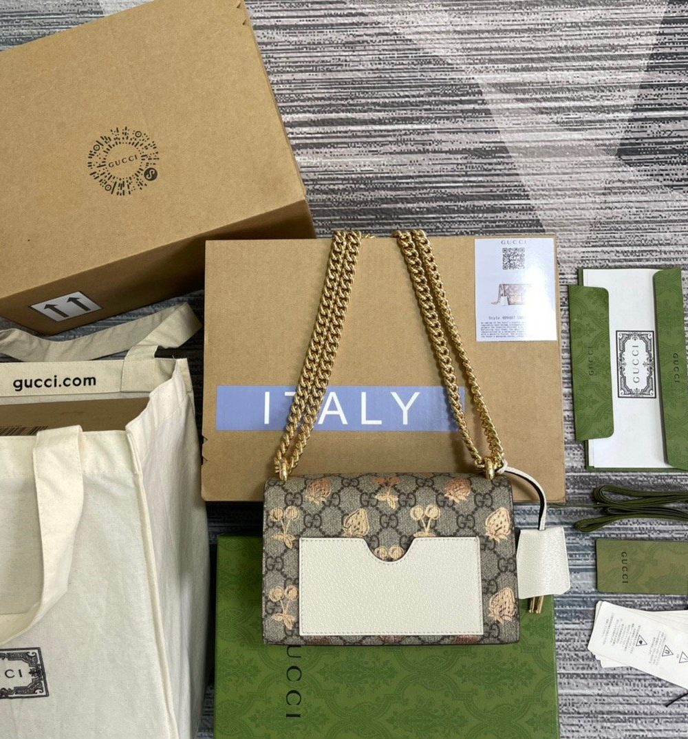 1:1 Replica Gucci Padlock Small Gucci Strawberry Shoulder Bag Beige For Women, Women's Bags 7.9in/20cm GG