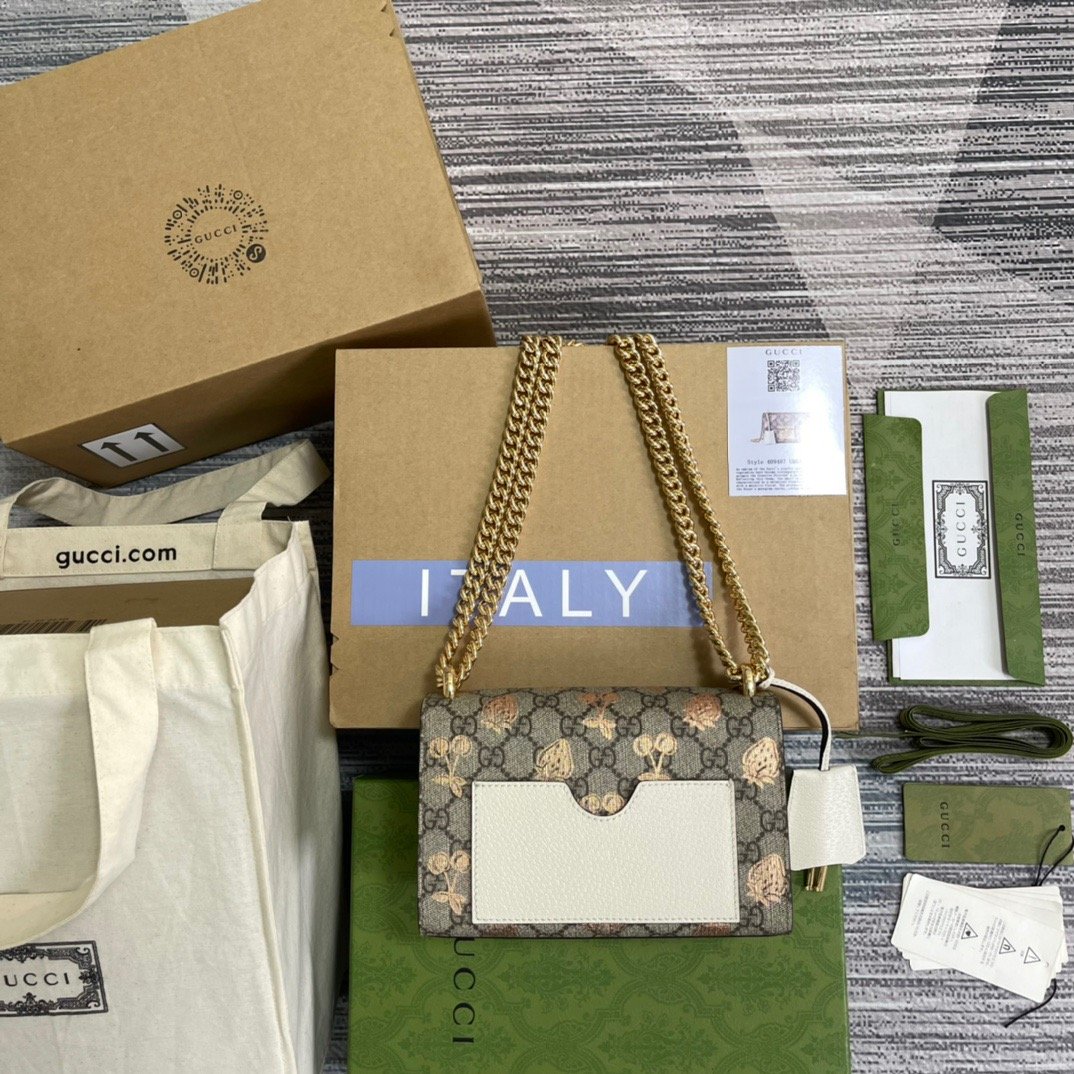 1:1 Replica Gucci Padlock Small Gucci Strawberry Shoulder Bag Beige For Women, Women's Bags 7.9in/20cm GG - Image 14