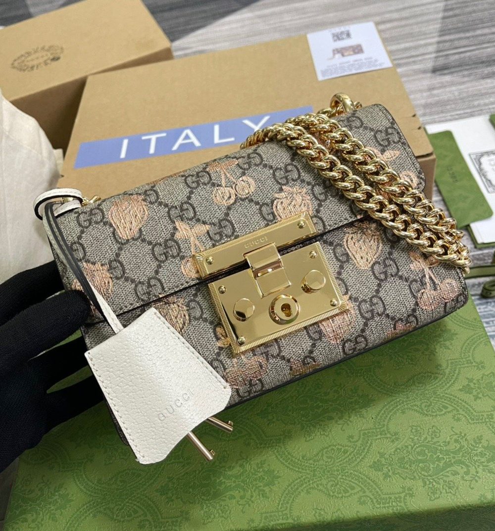 1:1 Replica Gucci Padlock Small Gucci Strawberry Shoulder Bag Beige For Women, Women's Bags 7.9in/20cm GG