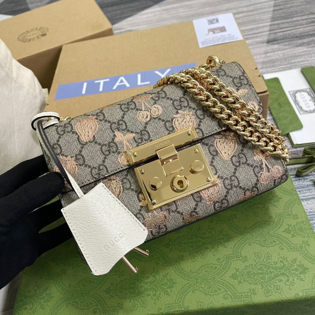 1:1 Replica Gucci Padlock Small Gucci Strawberry Shoulder Bag Beige For Women, Women's Bags 7.9in/20cm GG - Image 12