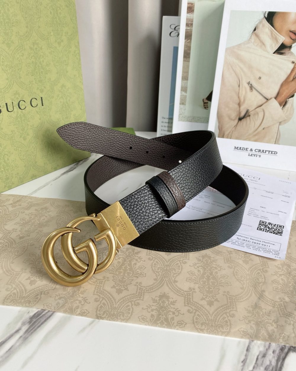 1:1 Replica Gucci Reversible Belt With Double G Buckle Black/Light Brown, GG Women Belt 643847 CAO2T 8170