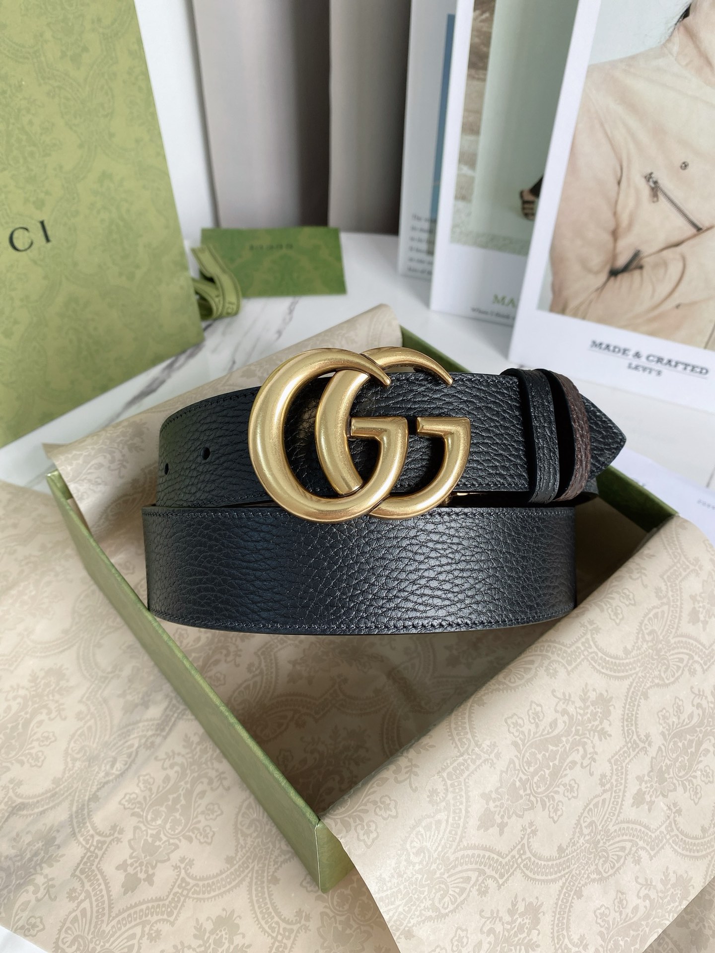1:1 Replica Gucci Reversible Belt With Double G Buckle Black/Light Brown, GG Women Belt 643847 CAO2T 8170 - Image 4