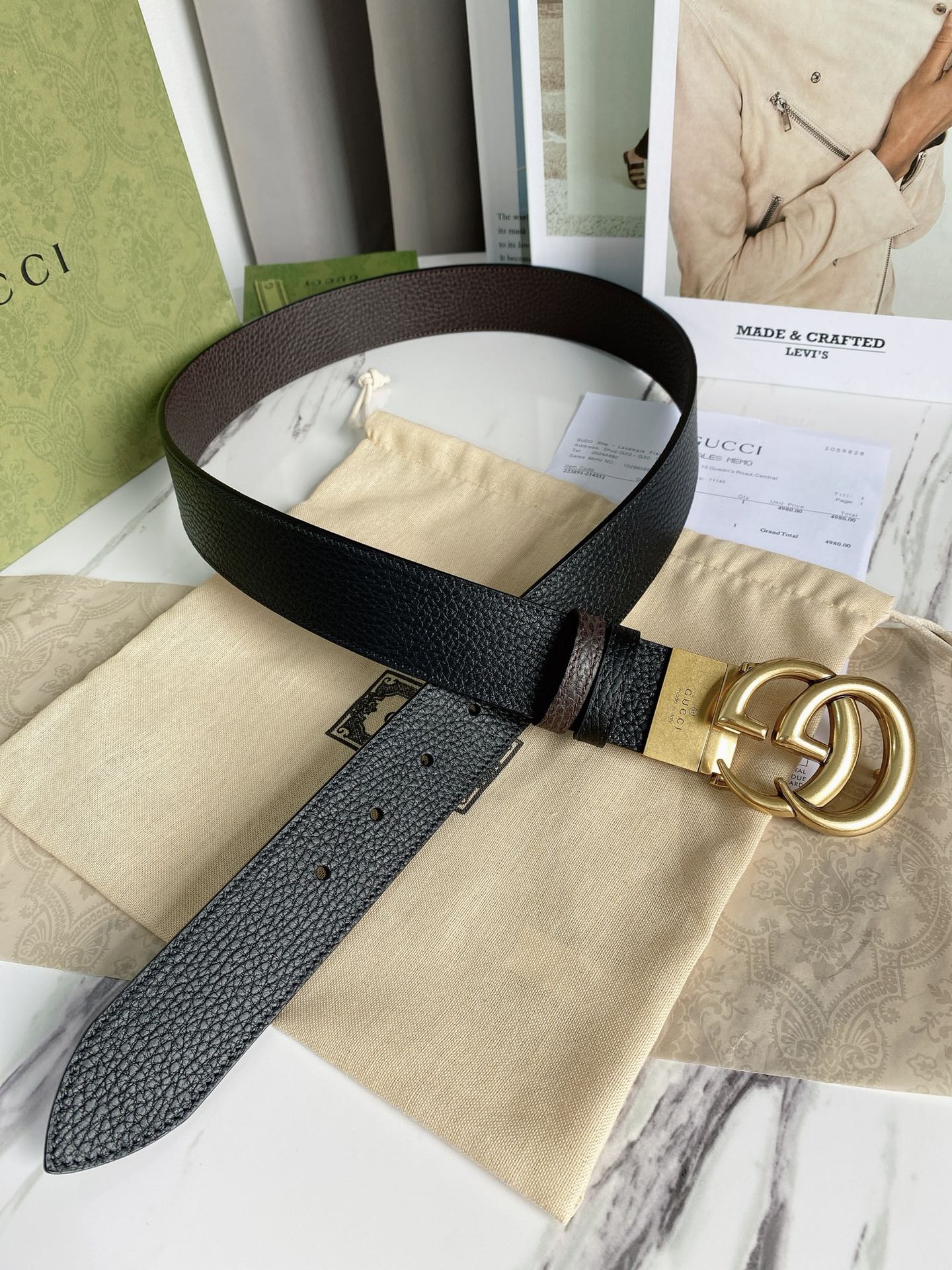 1:1 Replica Gucci Reversible Belt With Double G Buckle Black/Light Brown, GG Women Belt 643847 CAO2T 8170