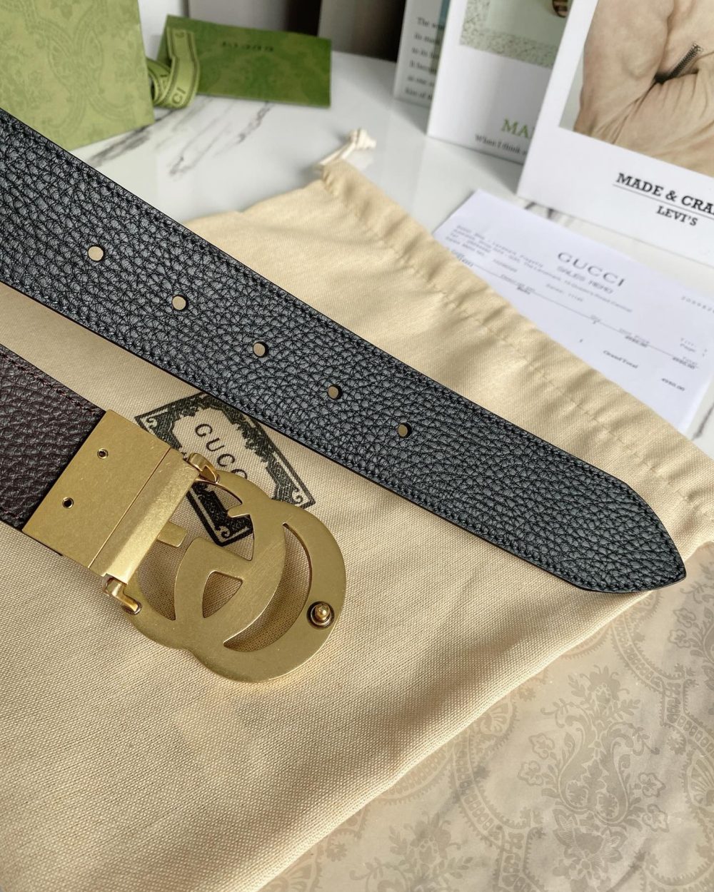 1:1 Replica Gucci Reversible Belt With Double G Buckle Black/Light Brown, GG Women Belt 643847 CAO2T 8170