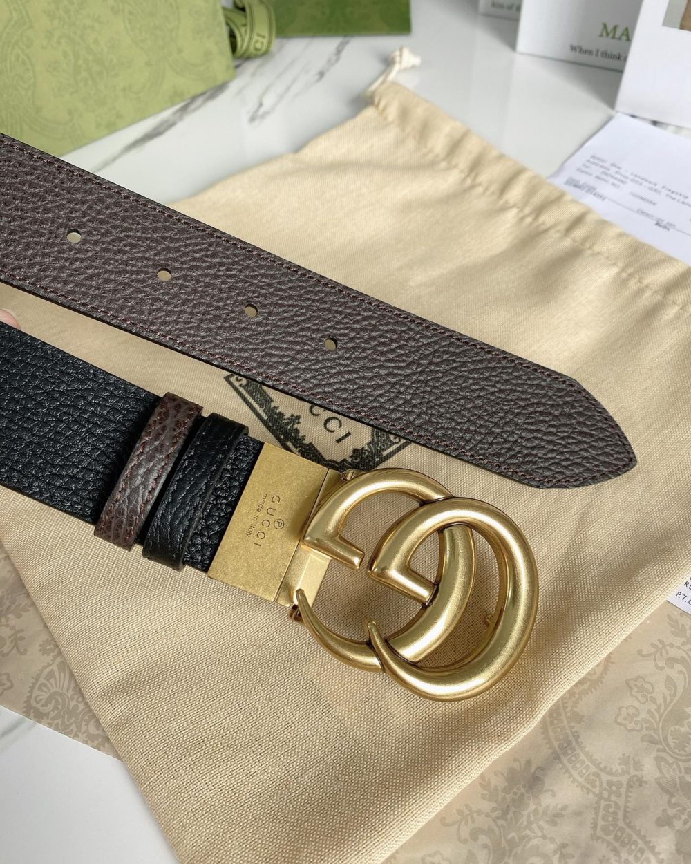 1:1 Replica Gucci Reversible Belt With Double G Buckle Black/Light Brown, GG Women Belt 643847 CAO2T 8170