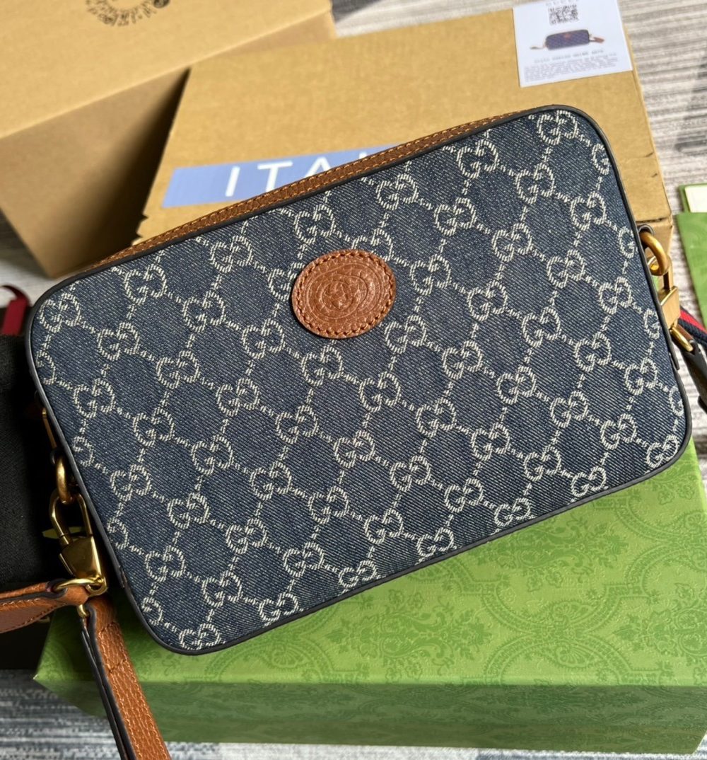 1:1 Replica Gucci Shoulder Bag With Interlocking G Blue And Ivory GG Denim Jacquard For Women  9.6in/24.5cm GG