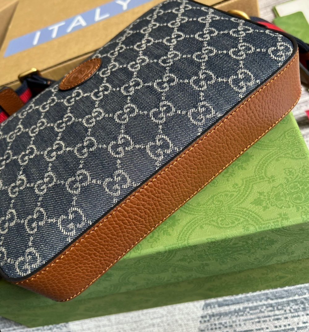 1:1 Replica Gucci Shoulder Bag With Interlocking G Blue And Ivory GG Denim Jacquard For Women  9.6in/24.5cm GG