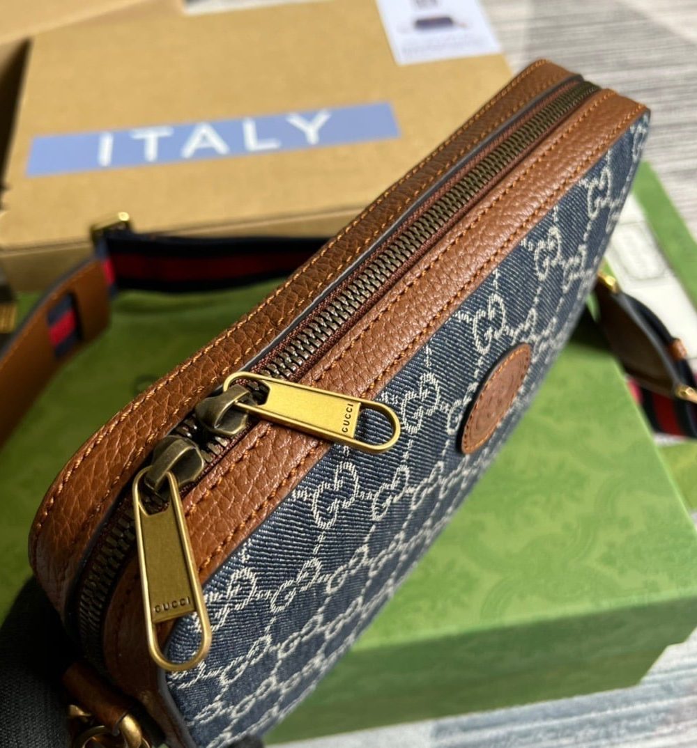 1:1 Replica Gucci Shoulder Bag With Interlocking G Blue And Ivory GG Denim Jacquard For Women  9.6in/24.5cm GG