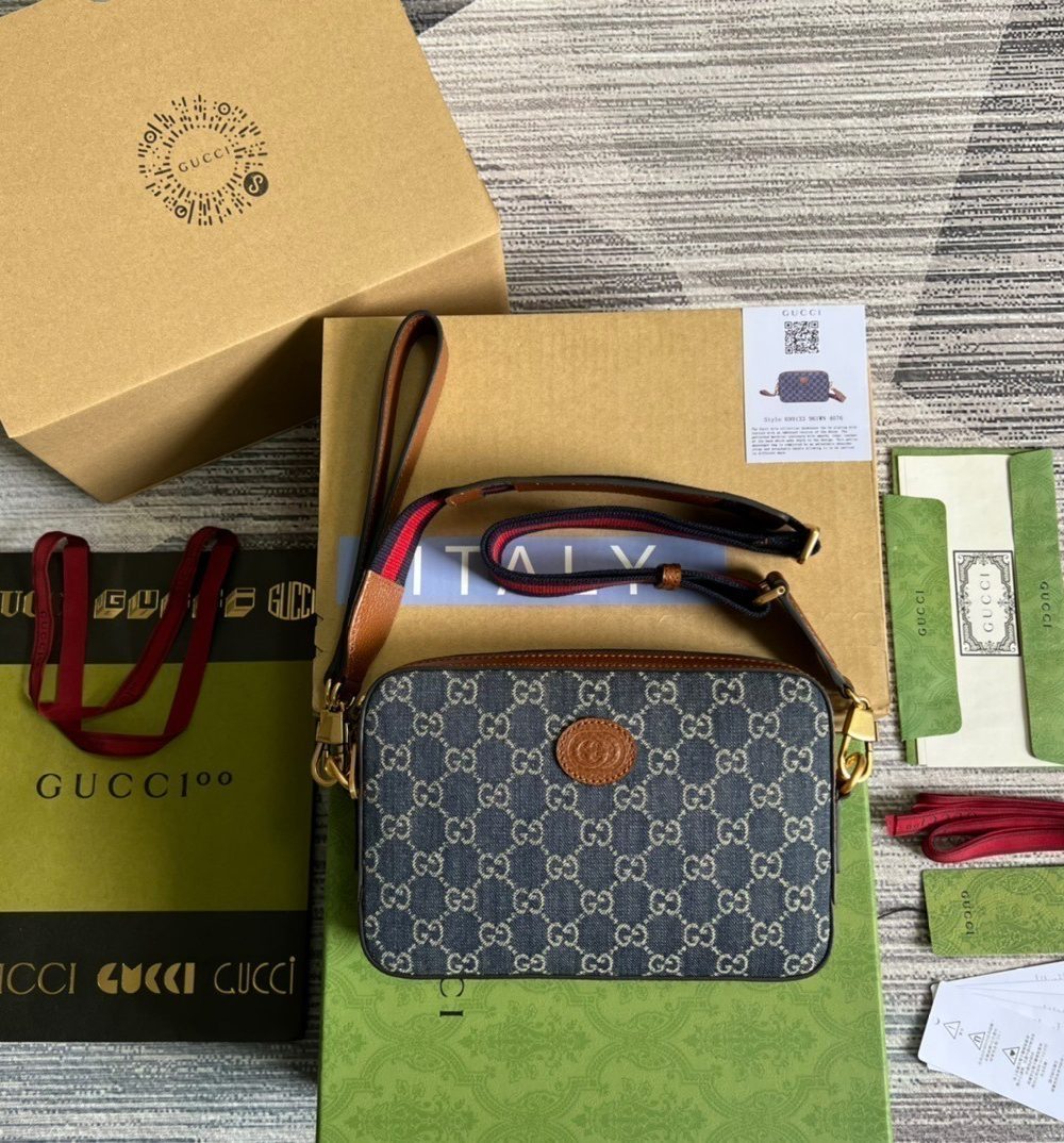 1:1 Replica Gucci Shoulder Bag With Interlocking G Blue And Ivory GG Denim Jacquard For Women 9.6in/24.5cm GG