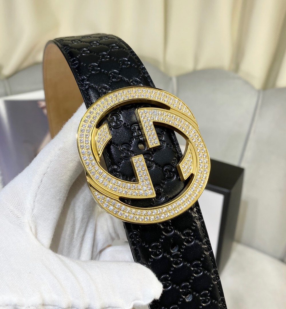 1:1 Replica Gucci Signature Belt With Crystal Interlocking G Buckle Black For Women, Women Belt