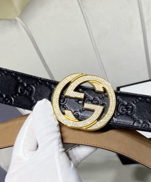1:1 Replica Gucci Signature Belt With Crystal Interlocking G Buckle Black For Women, Women Belt