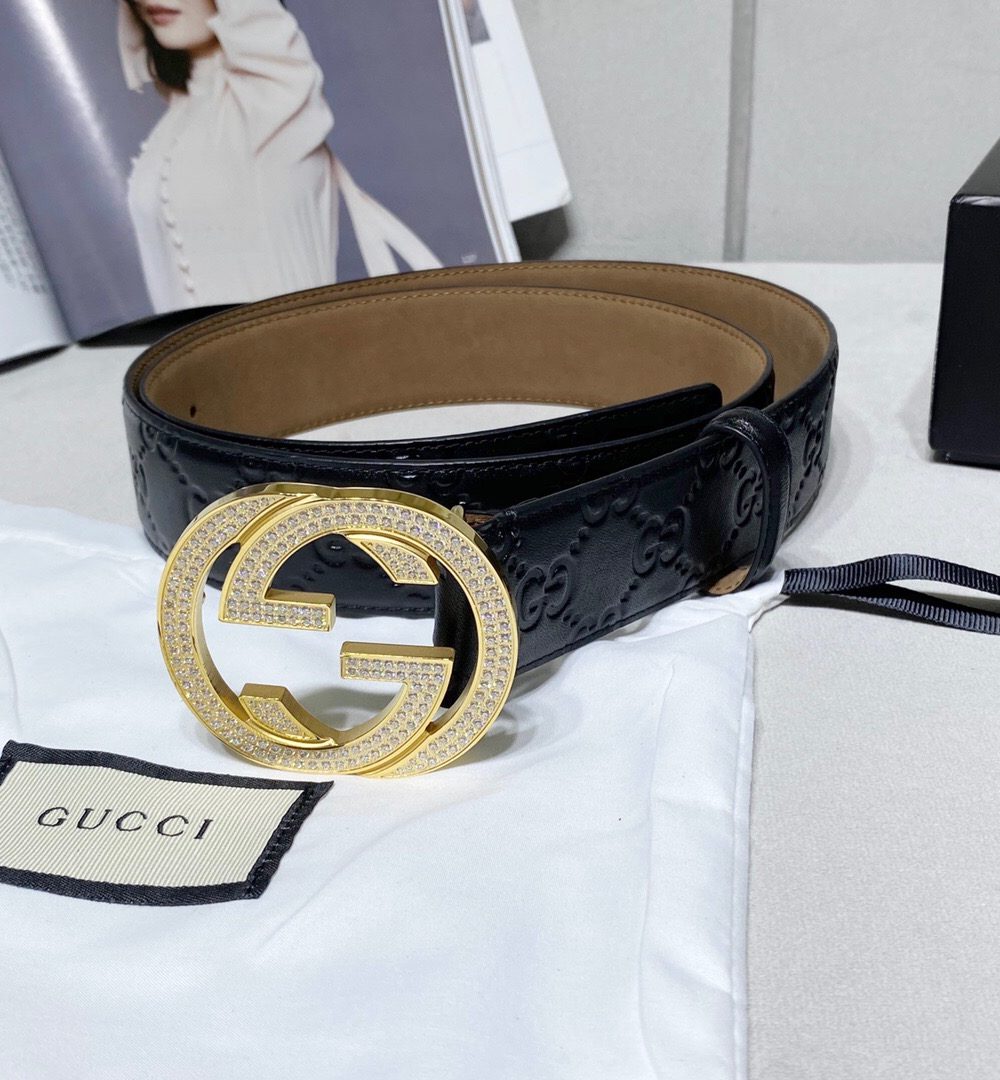 1:1 Replica Gucci Signature Belt With Crystal Interlocking G Buckle Black For Women, Women Belt