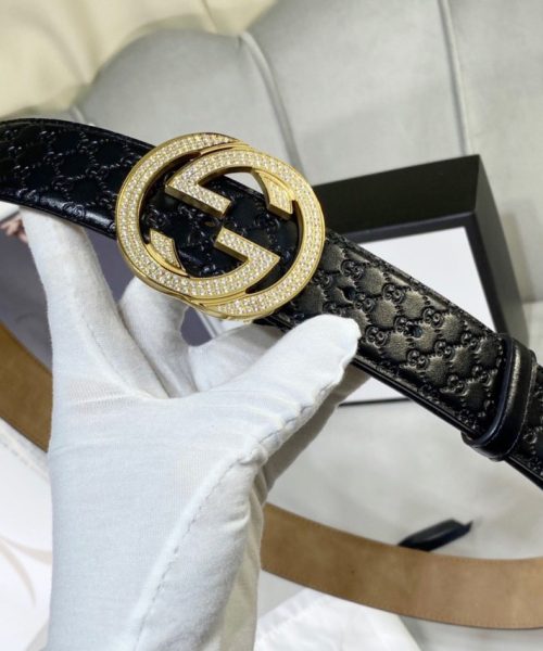 1:1 Replica Gucci Signature Belt With Crystal Interlocking G Buckle Black For Women, Women Belt