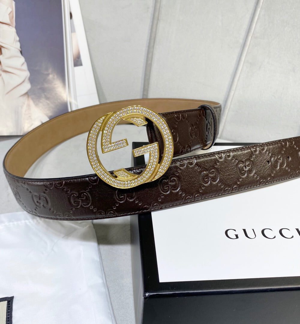 1:1 Replica Gucci Signature Belt With Crystal Interlocking G Buckle Brown For Women, Women Belt