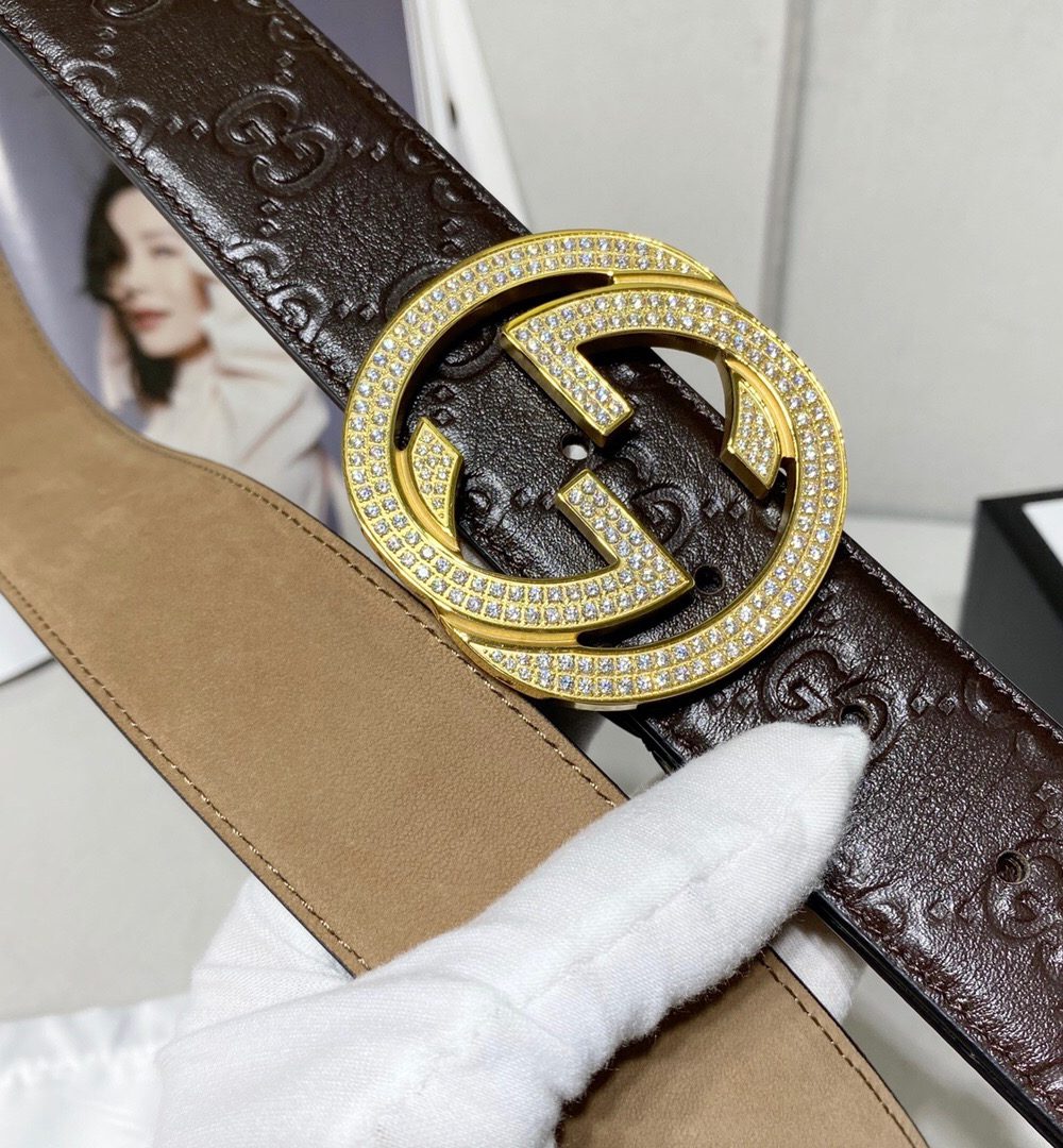 1:1 Replica Gucci Signature Belt With Crystal Interlocking G Buckle Brown For Women, Women Belt