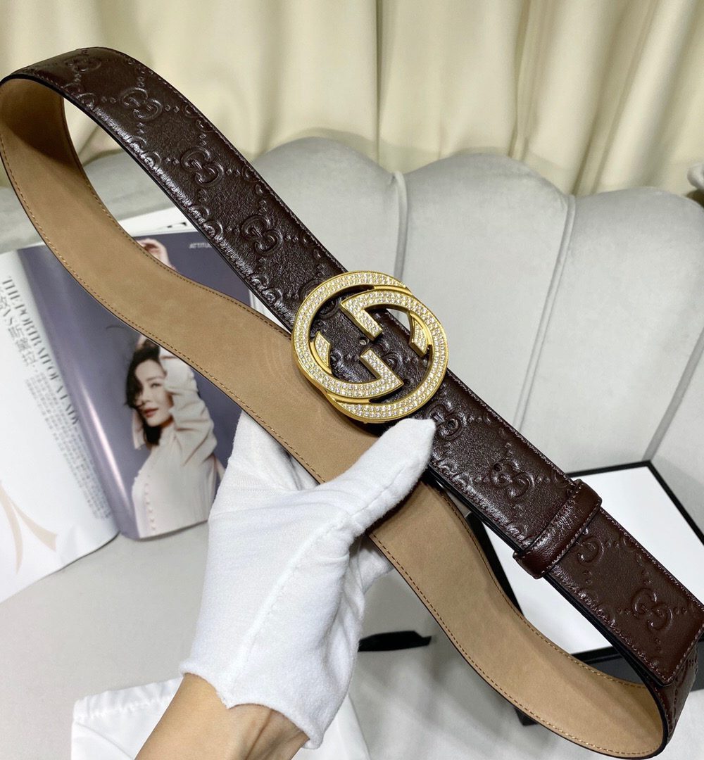 1:1 Replica Gucci Signature Belt With Crystal Interlocking G Buckle Brown For Women, Women Belt