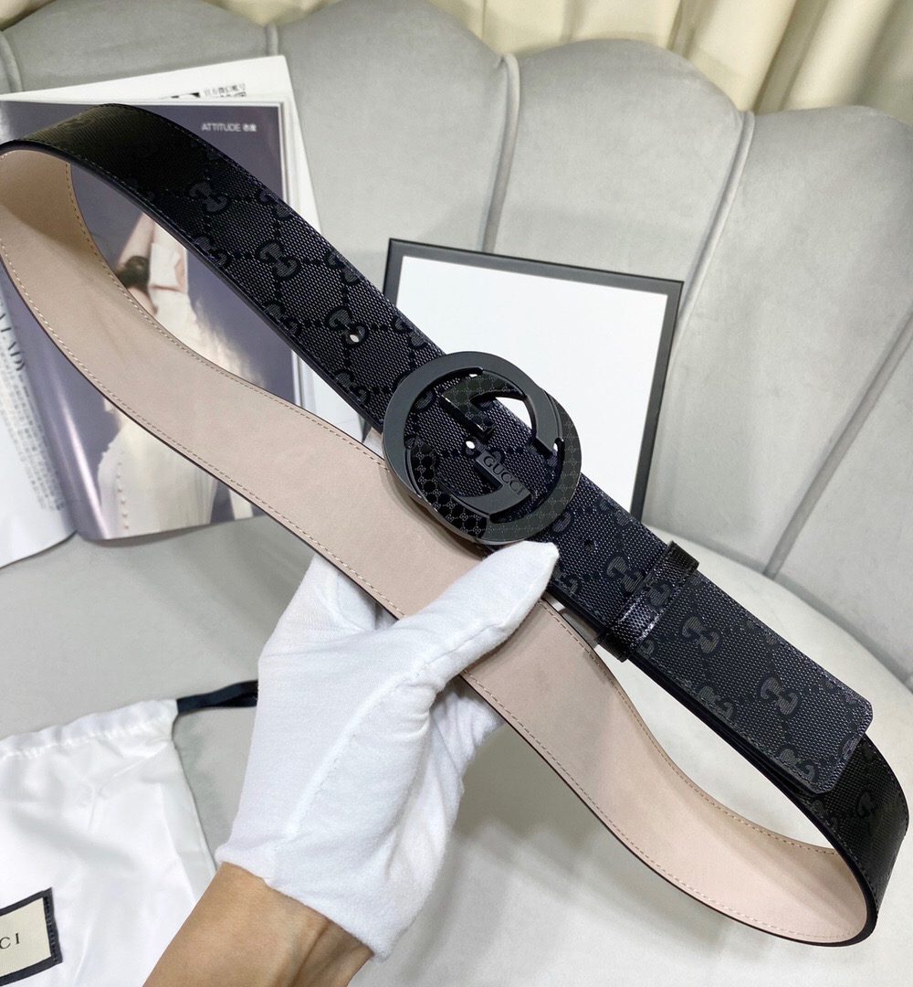 1:1 Replica Gucci Signature Belt With Patterned Interlocking G Buckle Black For Women, Women Belt