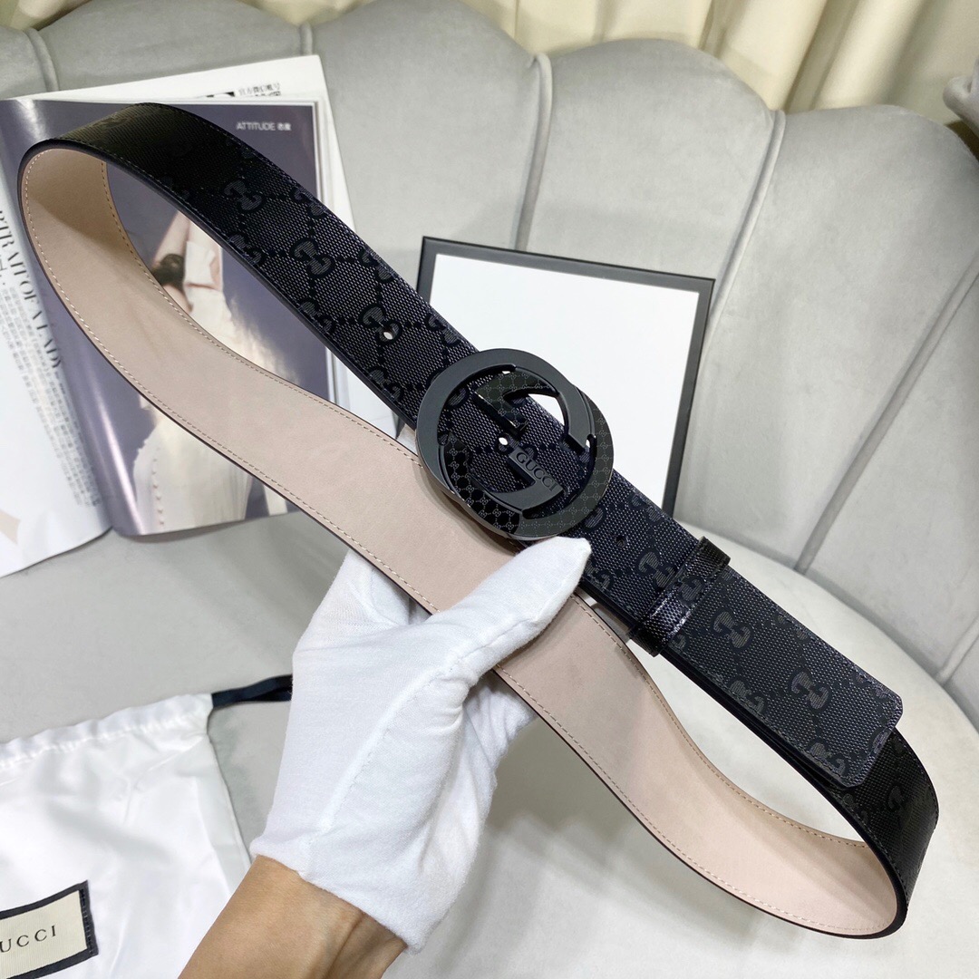 1:1 Replica Gucci Signature Belt With Patterned Interlocking G Buckle Black For Women, Women Belt - Image 4