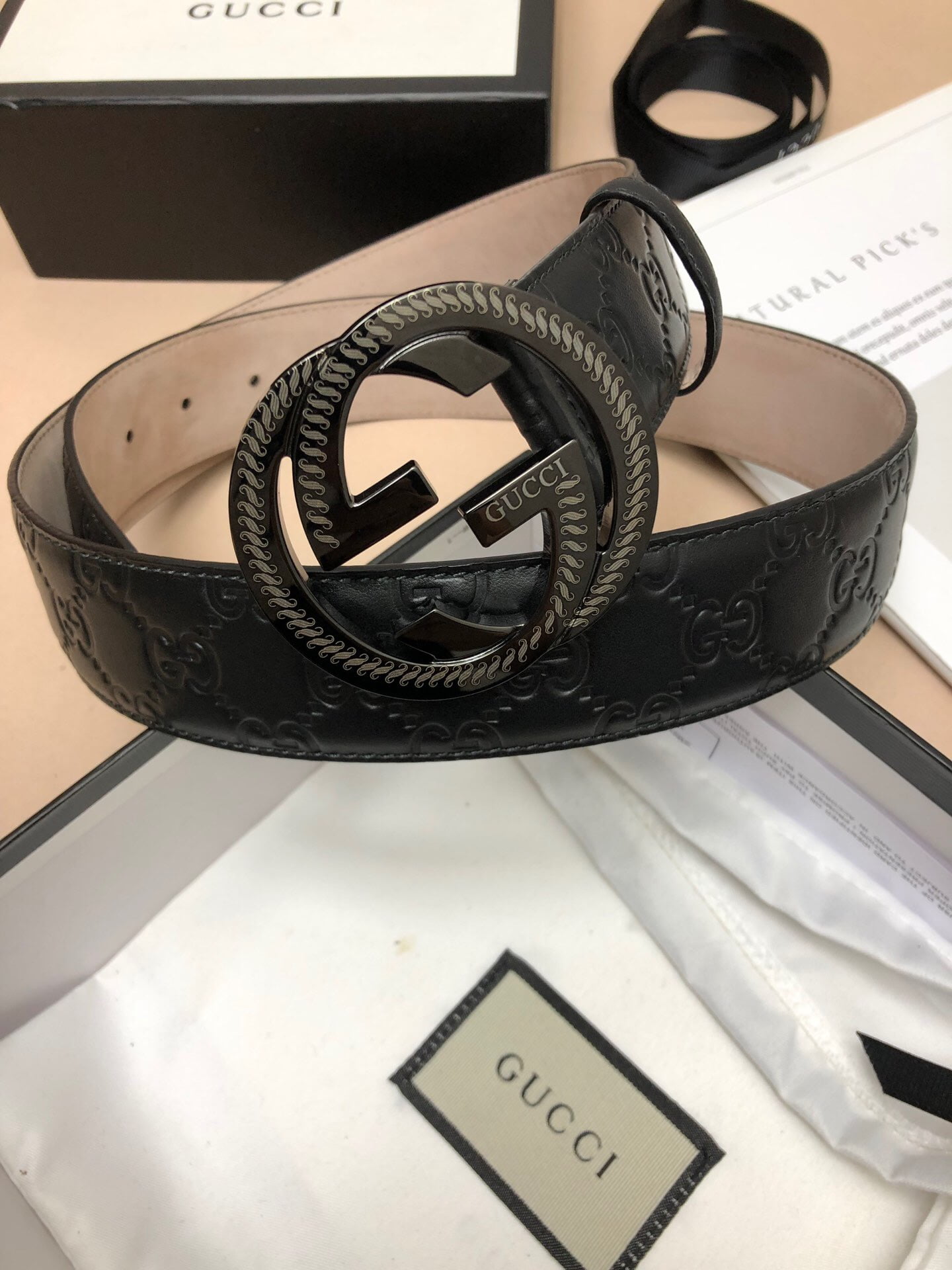 1:1 Replica Gucci Signature Belt With Patterned Interlocking G Buckle Black For Women, Women Belt