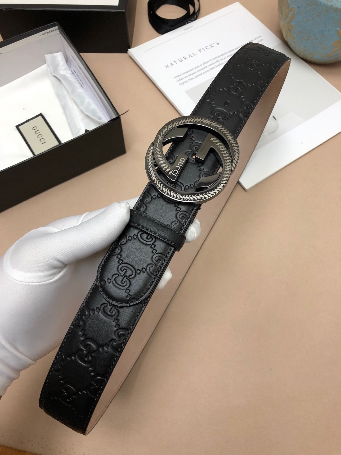 1:1 Replica Gucci Signature Belt With Patterned Interlocking G Buckle Black For Women, Women Belt - Image 4