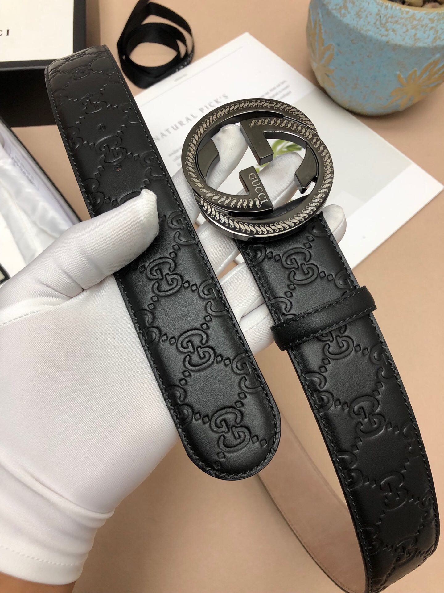 1:1 Replica Gucci Signature Belt With Patterned Interlocking G Buckle Black For Women, Women Belt - Image 2