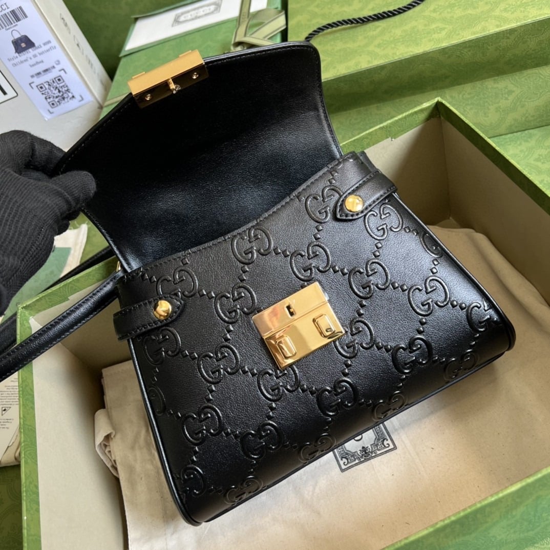 1:1 Replica Gucci Small GG Top Handle Bag Black Debossed For Women 11in/29cm GG 675791 UD9AG 1000 - Image 8