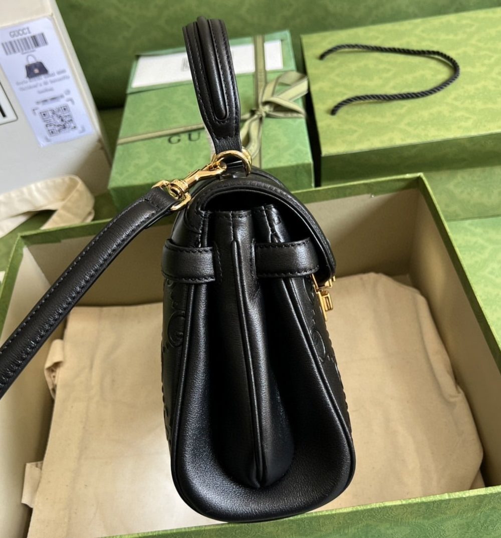 1:1 Replica Gucci Small GG Top Handle Bag Black Debossed For Women 11in/29cm GG 675791 UD9AG 1000