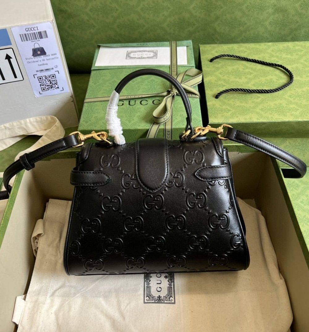 1:1 Replica Gucci Small GG Top Handle Bag Black Debossed For Women 11in/29cm GG 675791 UD9AG 1000