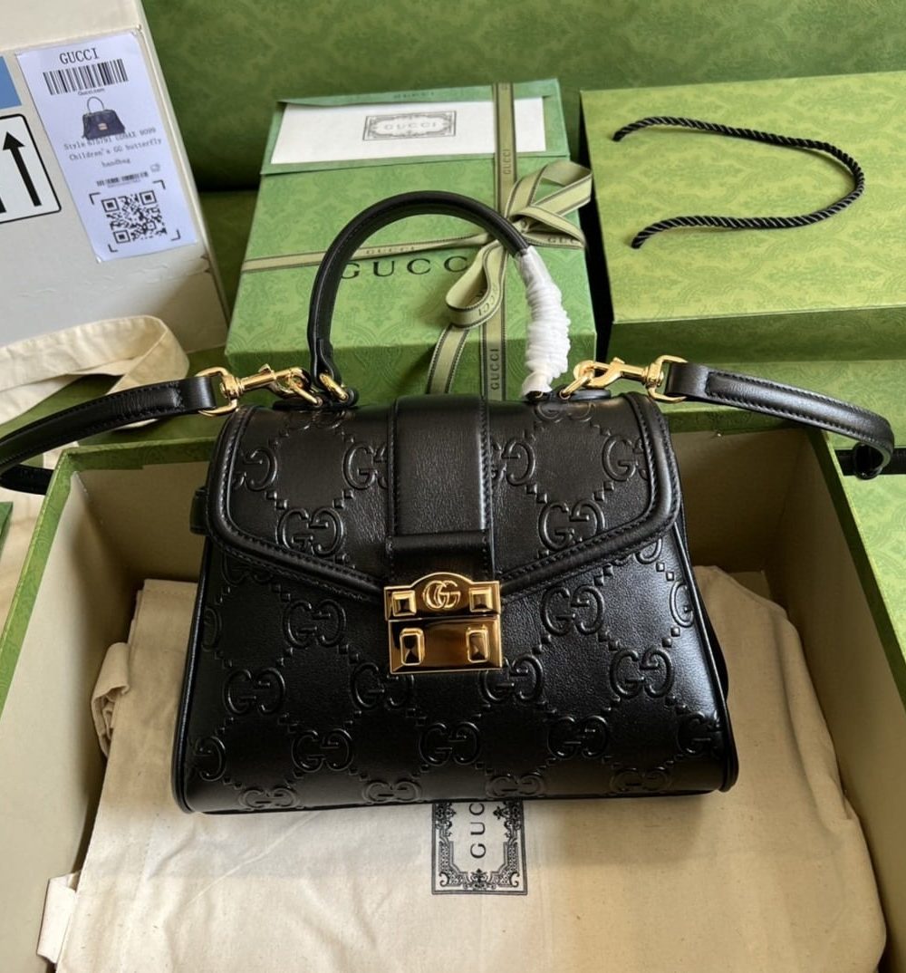 1:1 Replica Gucci Small GG Top Handle Bag Black Debossed For Women 11in/29cm GG 675791 UD9AG 1000